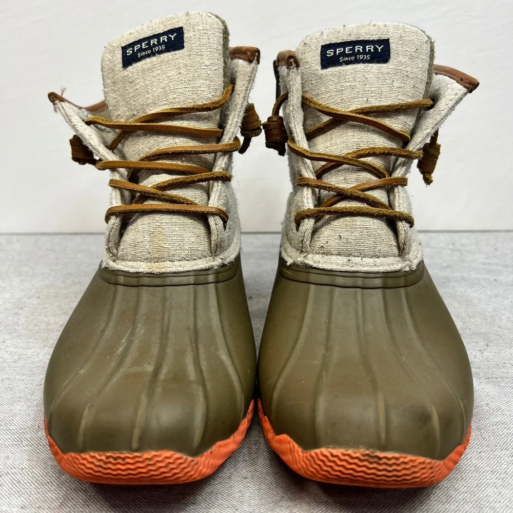 Sperry Saltwater Duck Boots Olive Green Oatmeal Canvas Orange Sole Womens 7.5